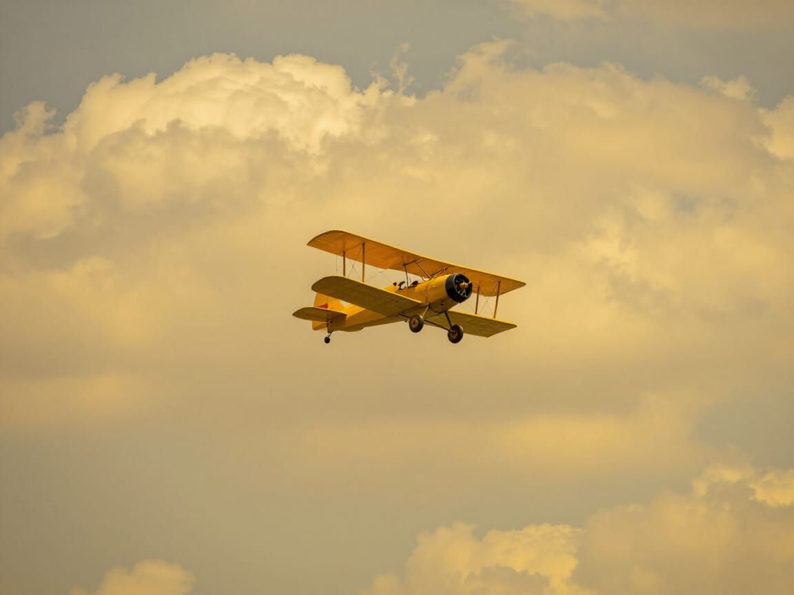 Yellow Biplane Flies Through Golden Sky with Fluffy Clouds