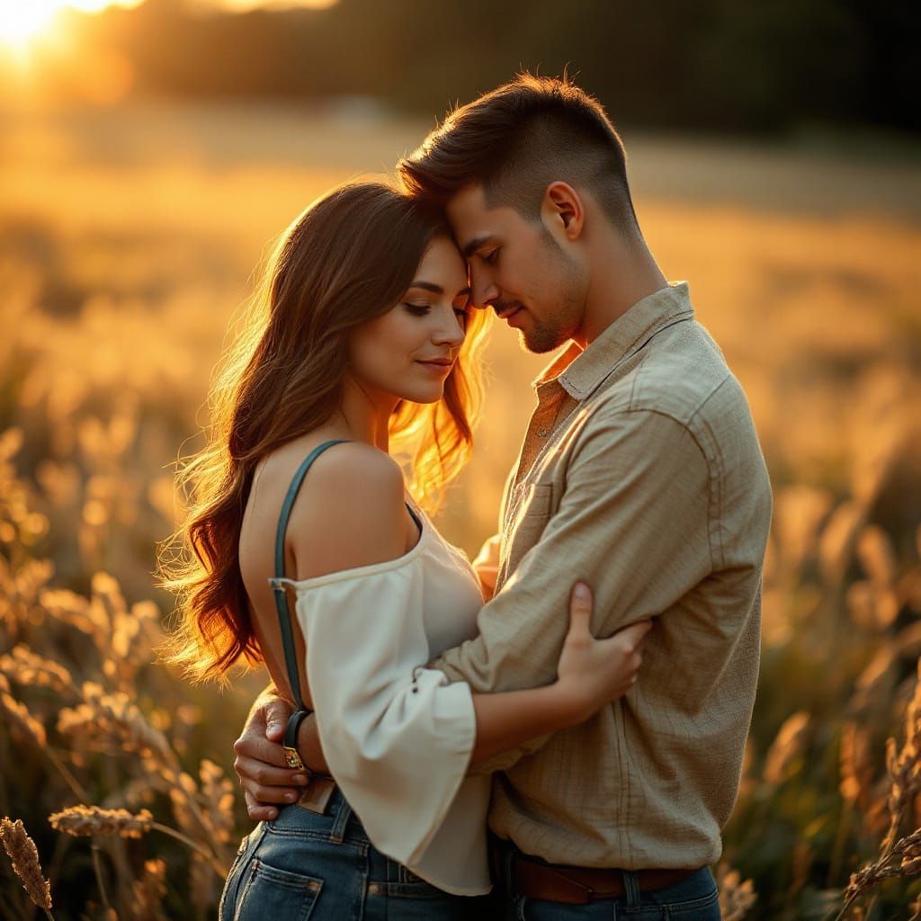Couple Embracing in Sunset Field: Romantic Realism