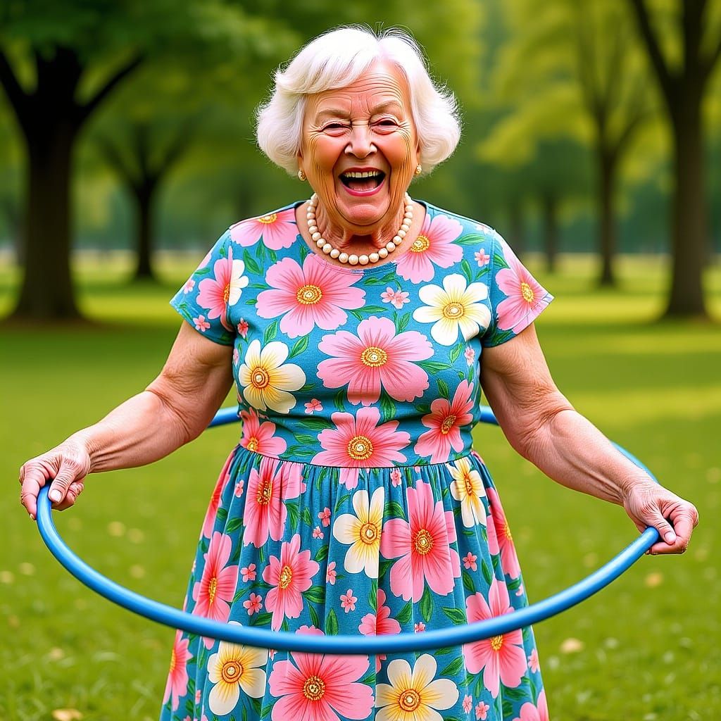 Joyful Old Woman Hula Hooping in Whimsical Style