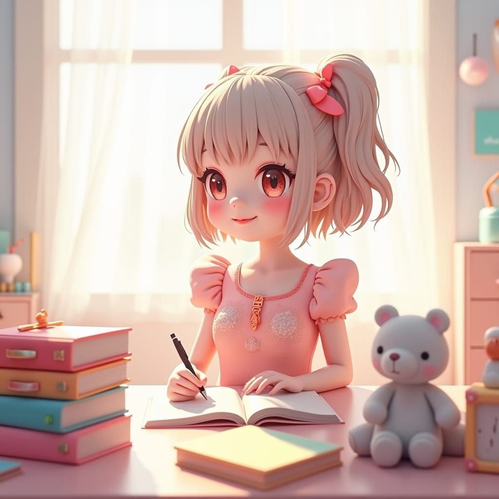 Pastel Anime Girl at Desk in Kawaii Style
