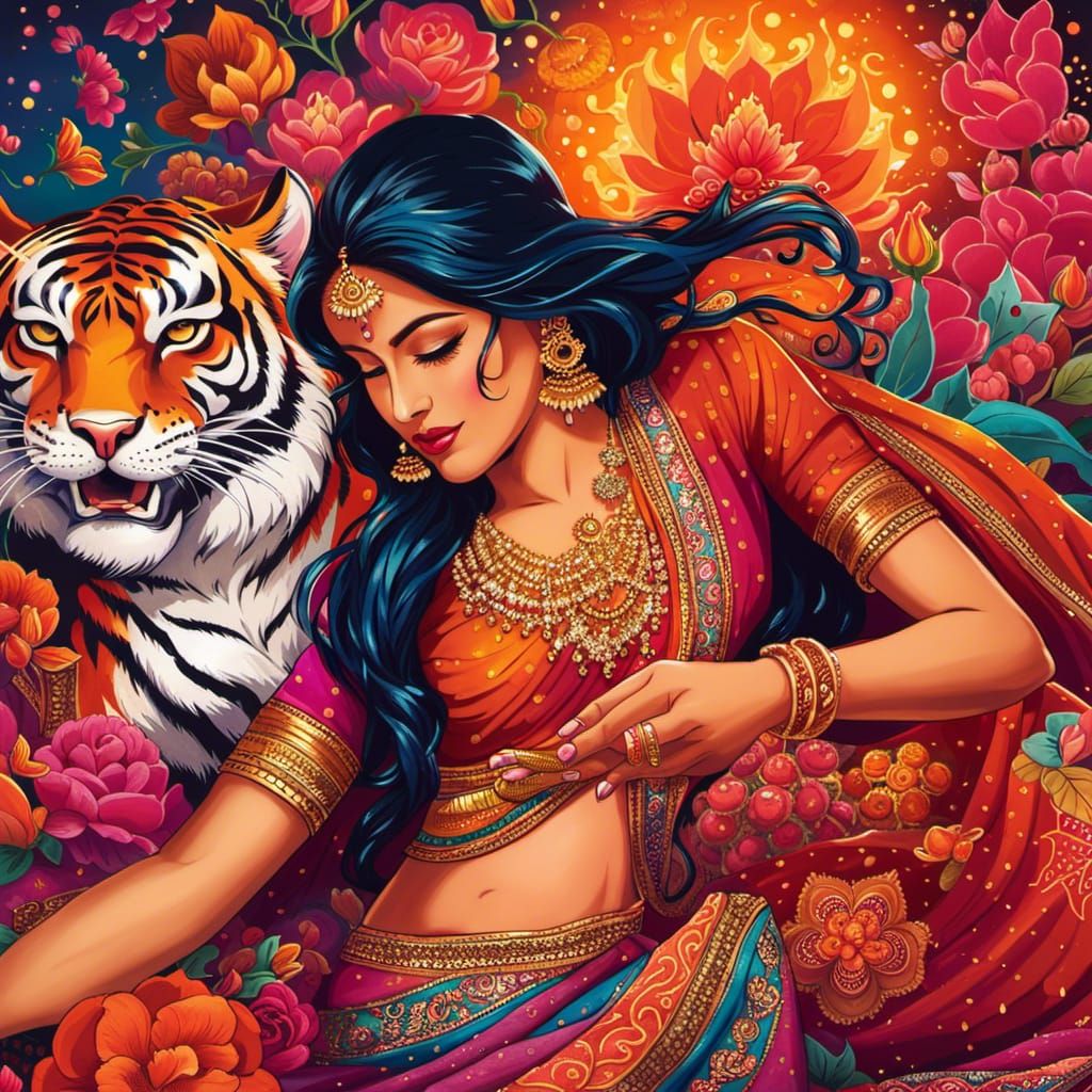 Diwali Celebration with Tiger, Digital Art