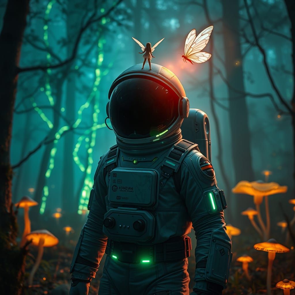 Astronaut Stands in Awe Amidst Glowing, Otherworldly Forest