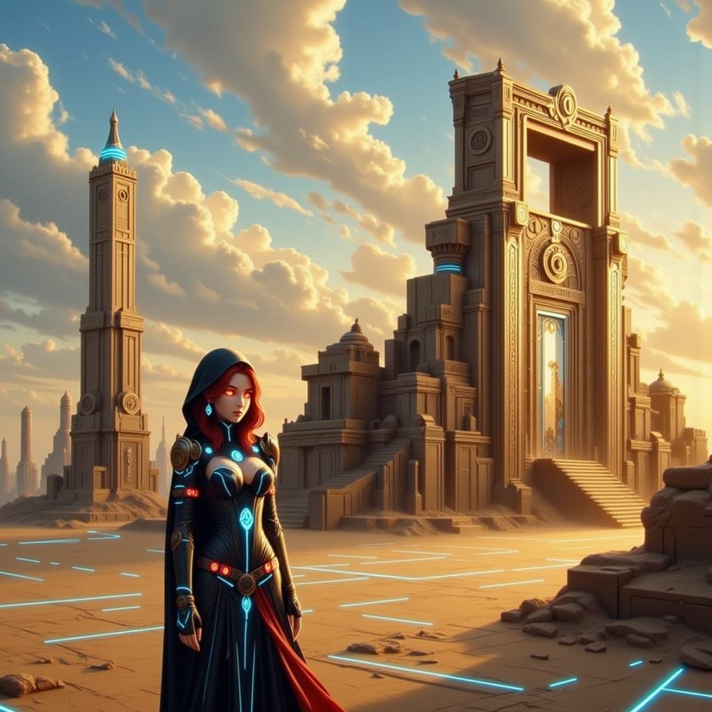 Golden Temple Encounter: Neo-Impressionist Female Figure & M...