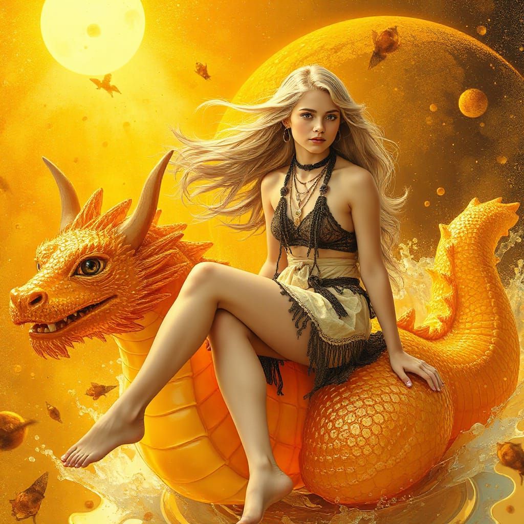 Woman on Gummy Dragon in Effervescent Sea