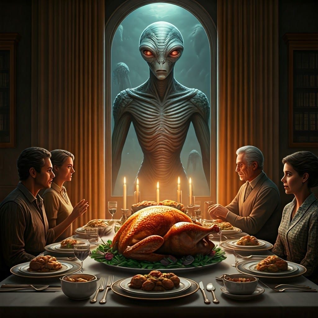 Thanksgiving Interrupted: Alien Arrival in Futuristic Style