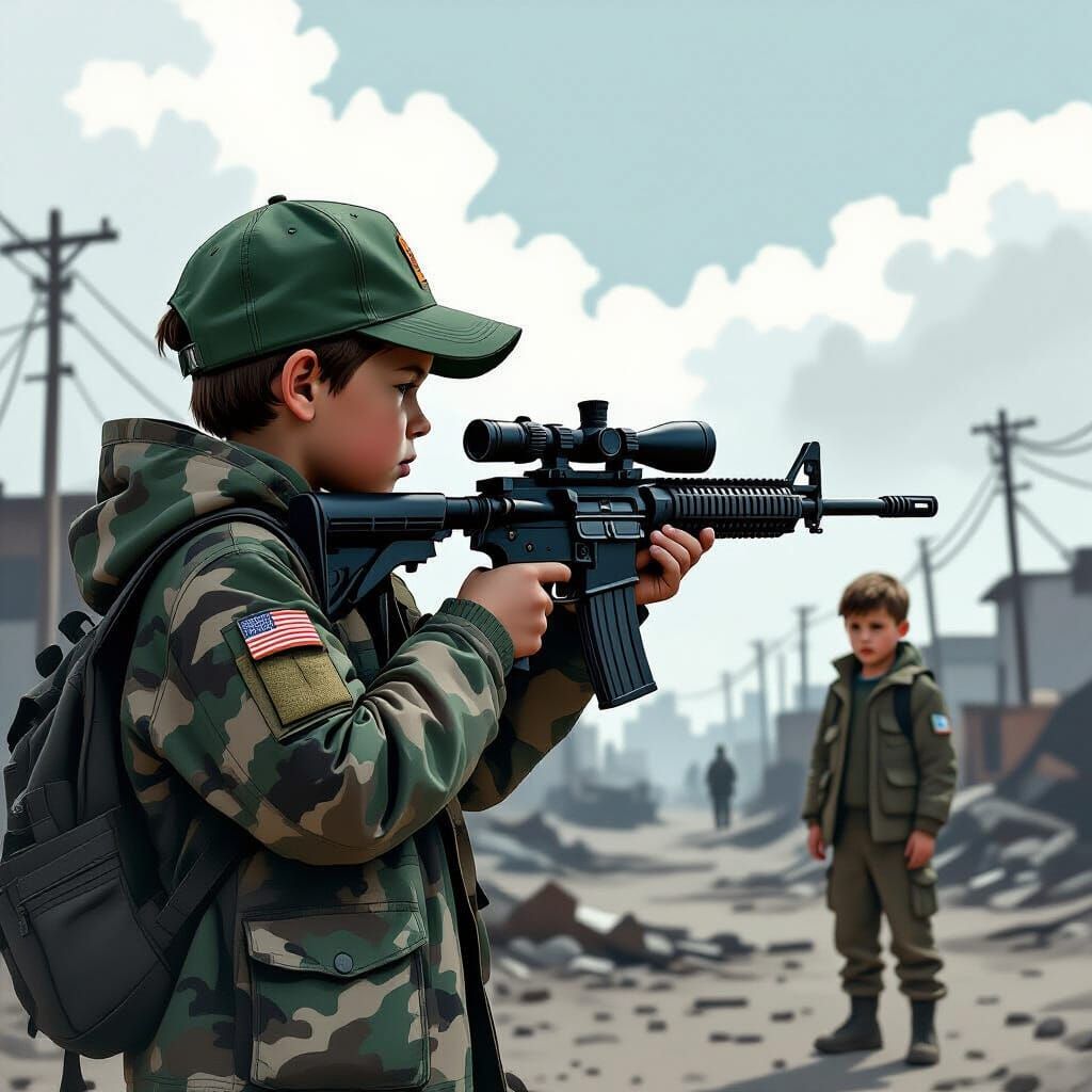 Tense Standoff: Boy with Sniper in War-Torn City