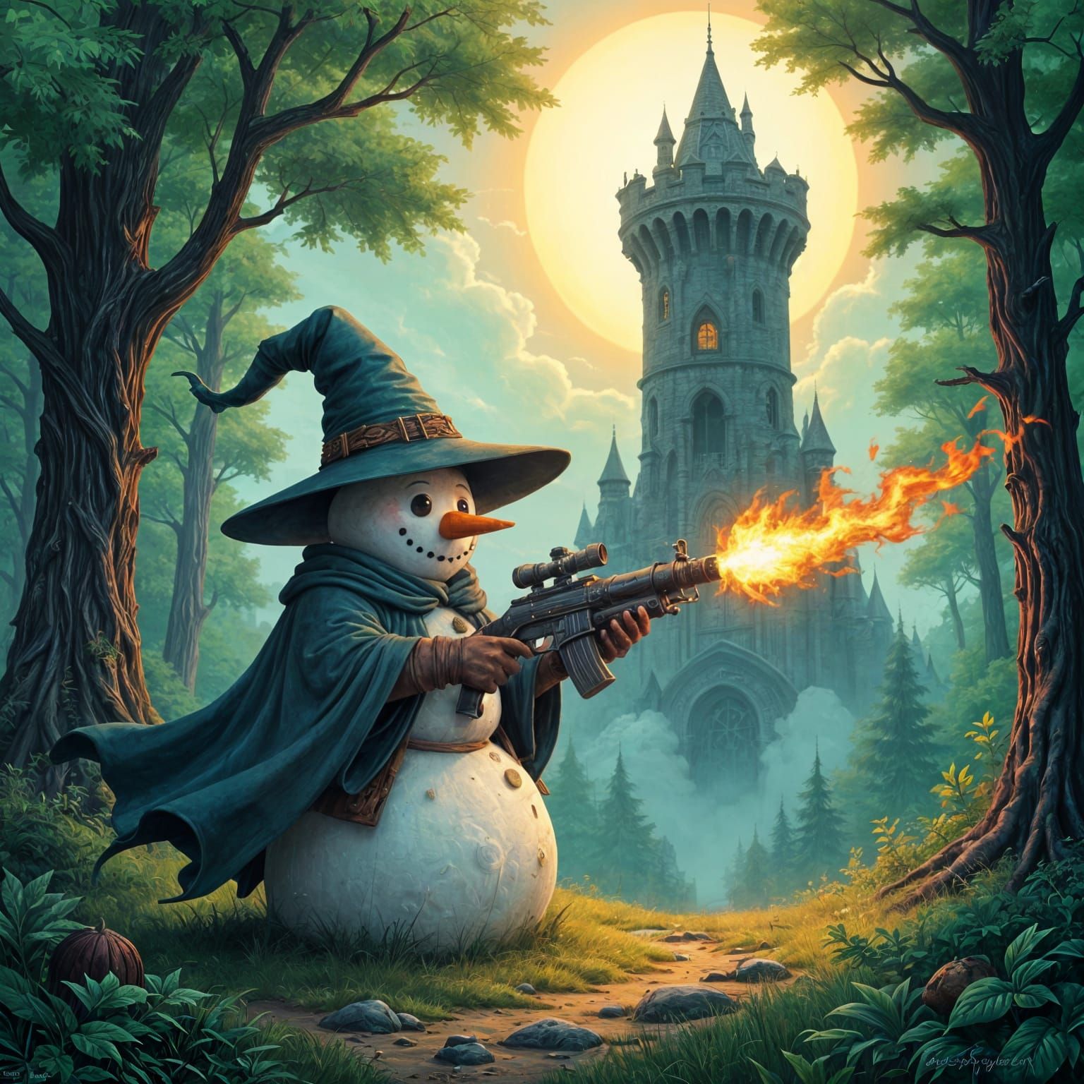 Snowman Wizard with Flamethrower in Forest, D&D Illustration