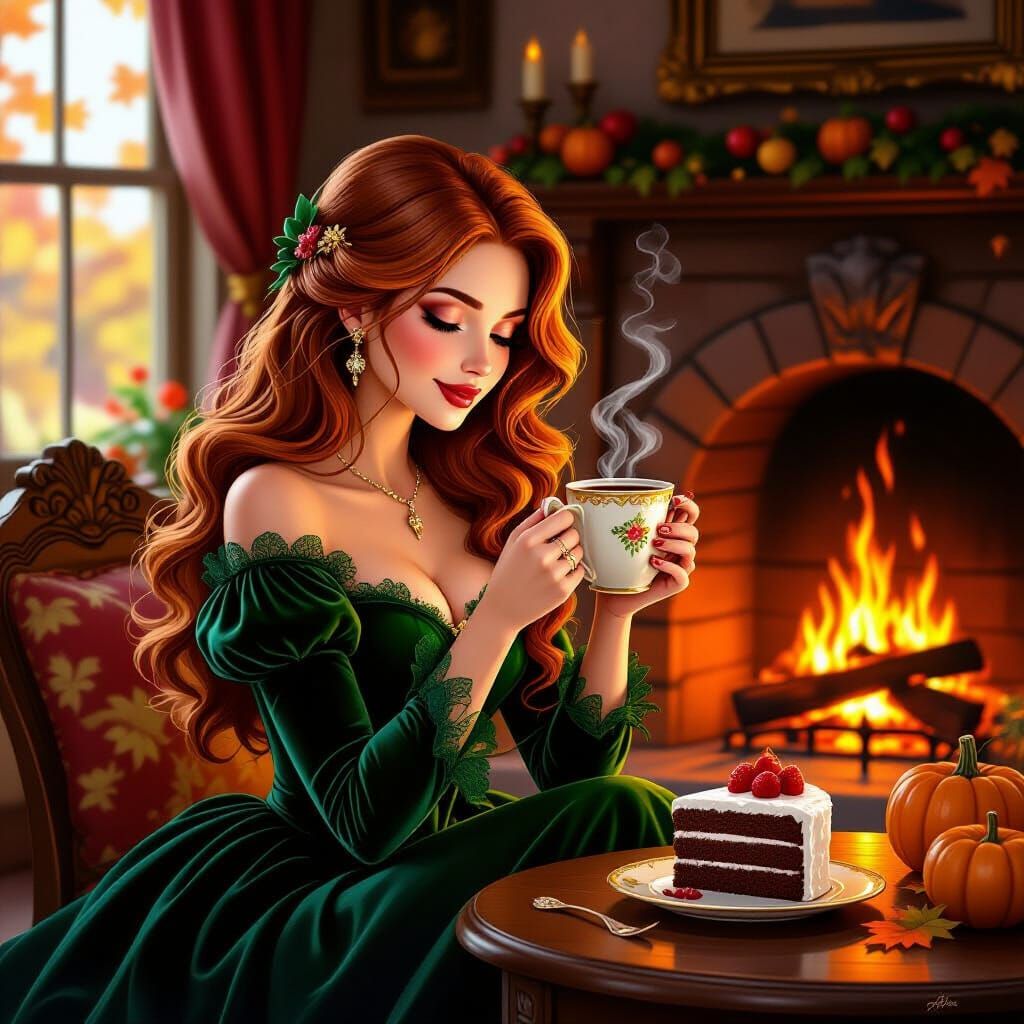 Lady by Fireplace in Whimsical Storybook Style