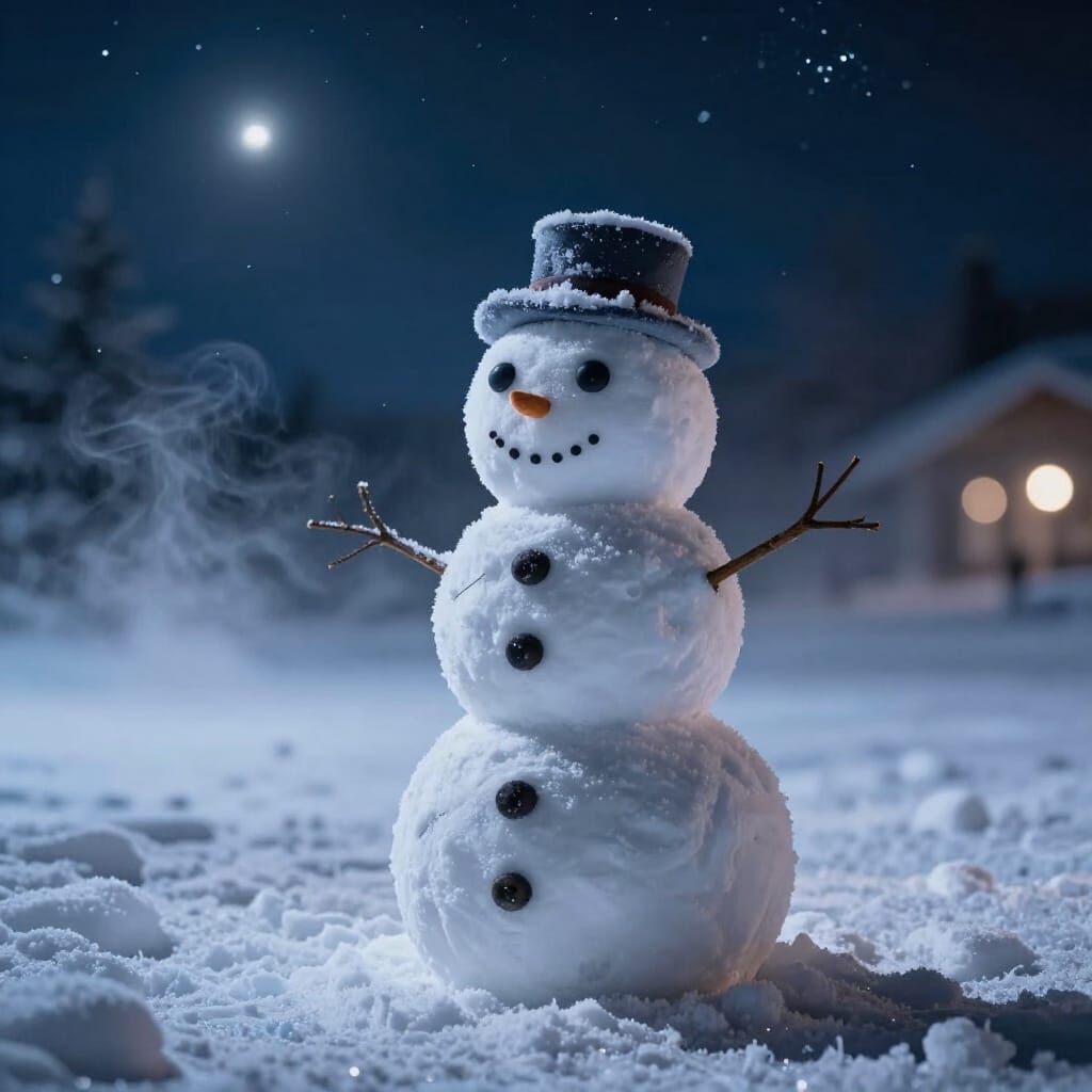 Cinematic Winter Snowman in Starry Night