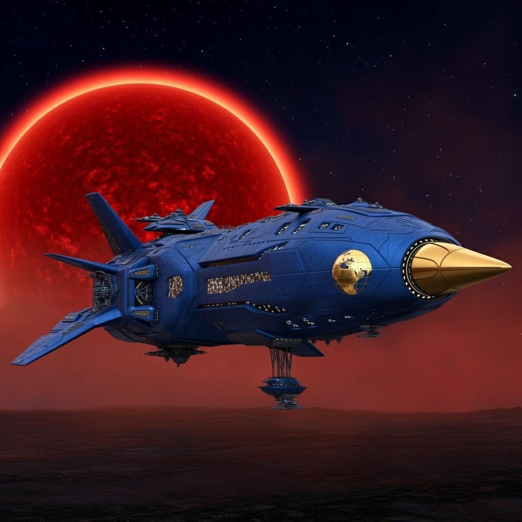Epic Blue Spaceship Against Red Sun in 8K
