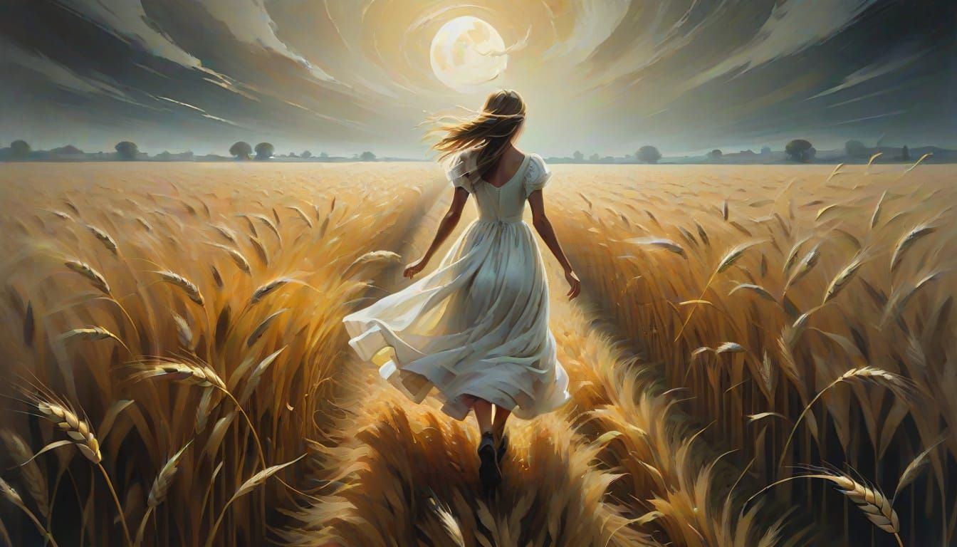Girl in White Dress Runs Through Wheat Field Under Eerie Ful...