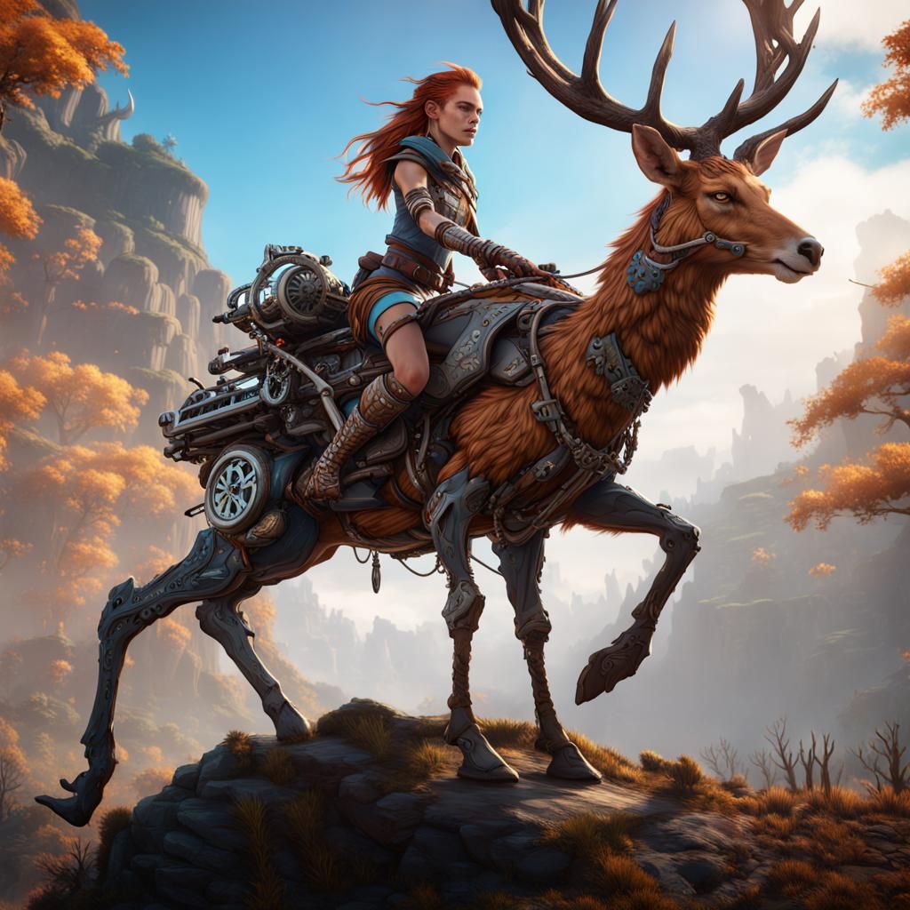 Aloy Rides Mechanical Deer: Detailed Matte Painting
