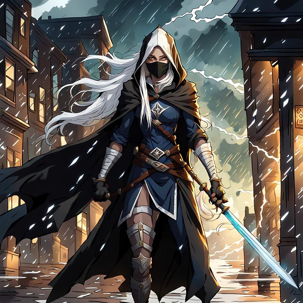 High Elf Rogue in Stormy Cityscape