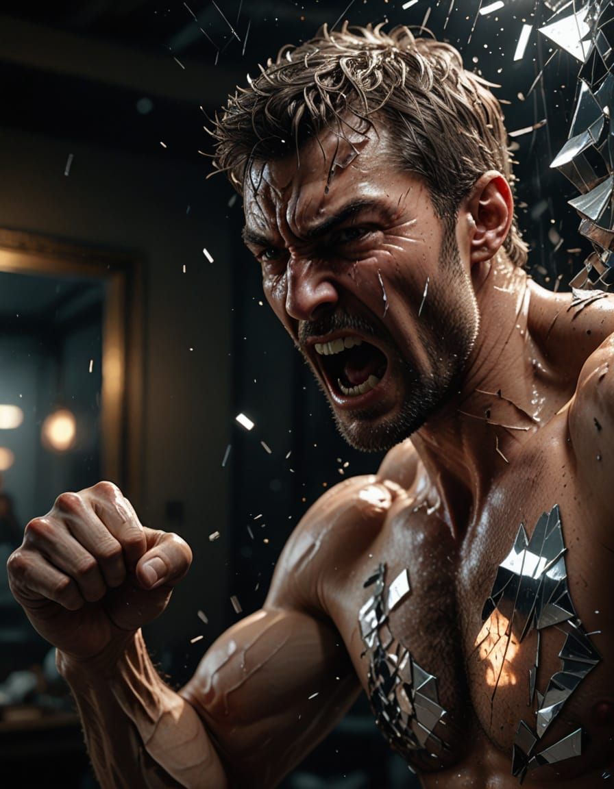Man Punches Mirror in Rage: Photorealistic 8K