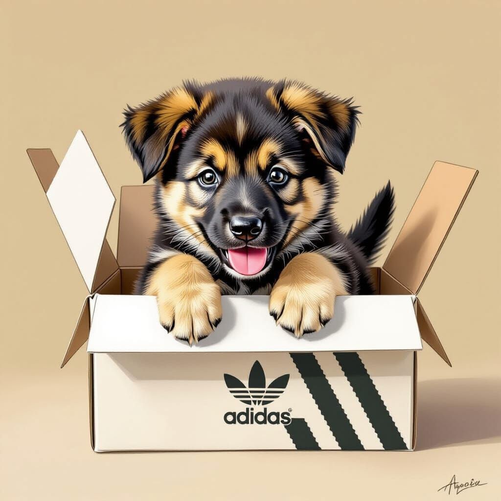 Adorable German Shepherd Puppy Peeking From Adidas Shoebox