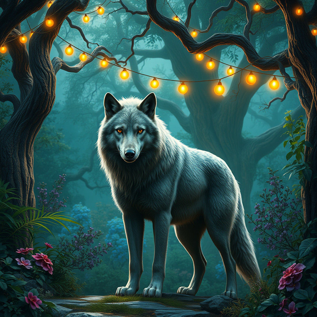Wolf in Enchanted Garden: Romantic Era Painting