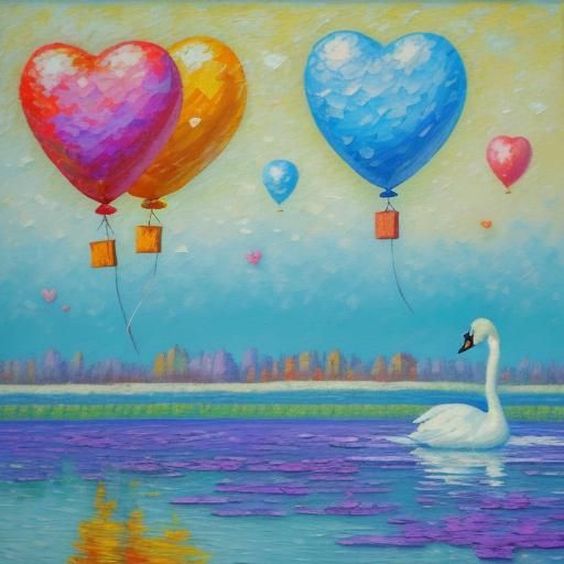 Heart Balloons and Swan in Neo-Impressionism