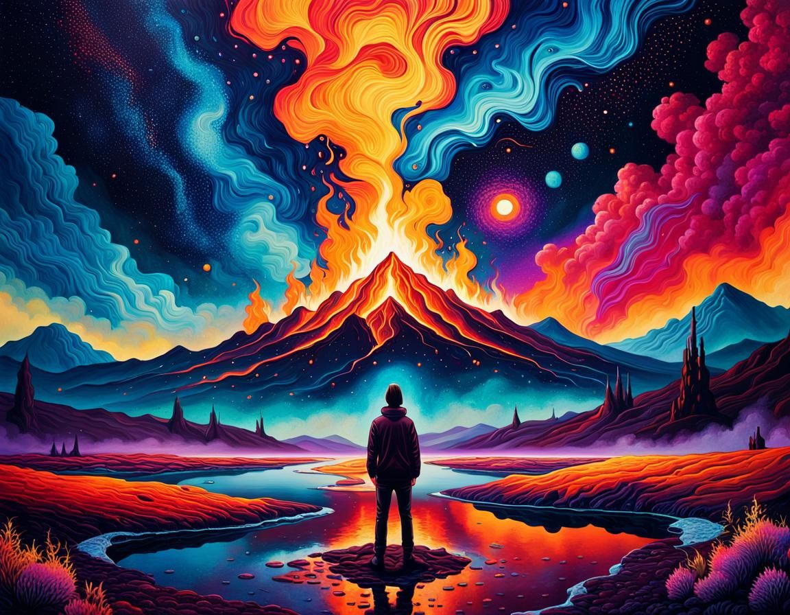 Surreal Cosmic Figure in Dreamlike Landscape