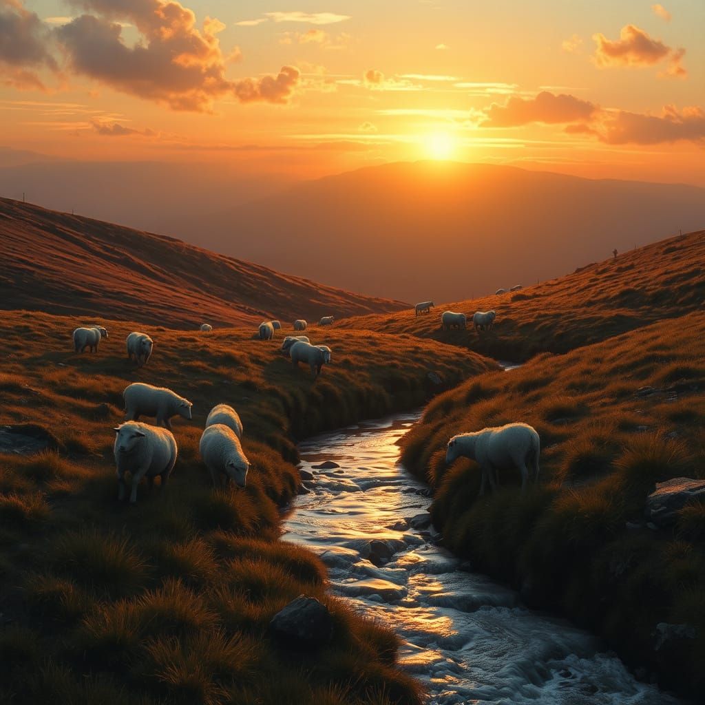 Sheep Graze at Sunset: Romantic Landscape Art