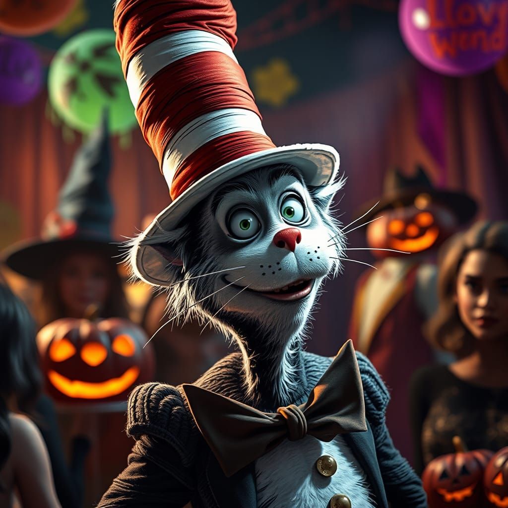 Cat in the Hat Halloween Party: Hyperrealistic Splash Art