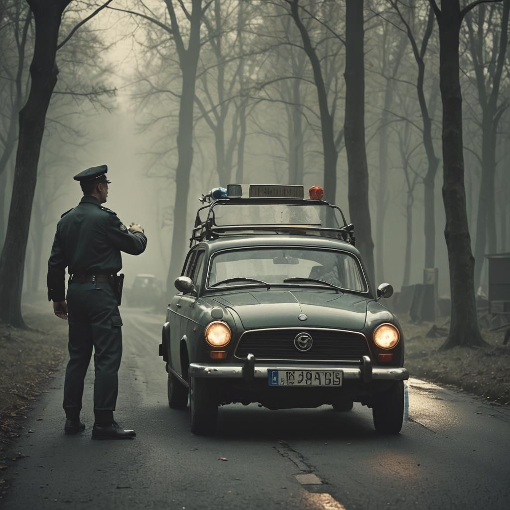 DDR Border Guard Directs Attention to Car Trunk