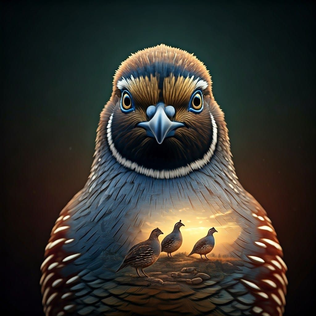 Quail Portrait in Double Exposure Style