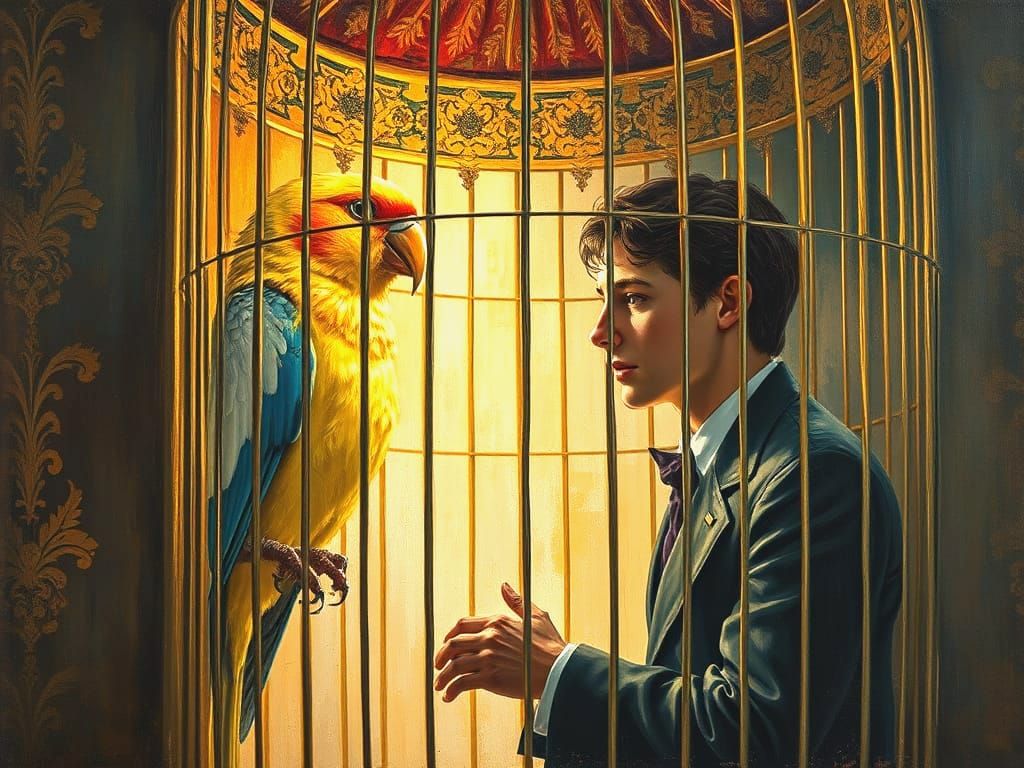 Man Trapped in Cage Gazes at Canary