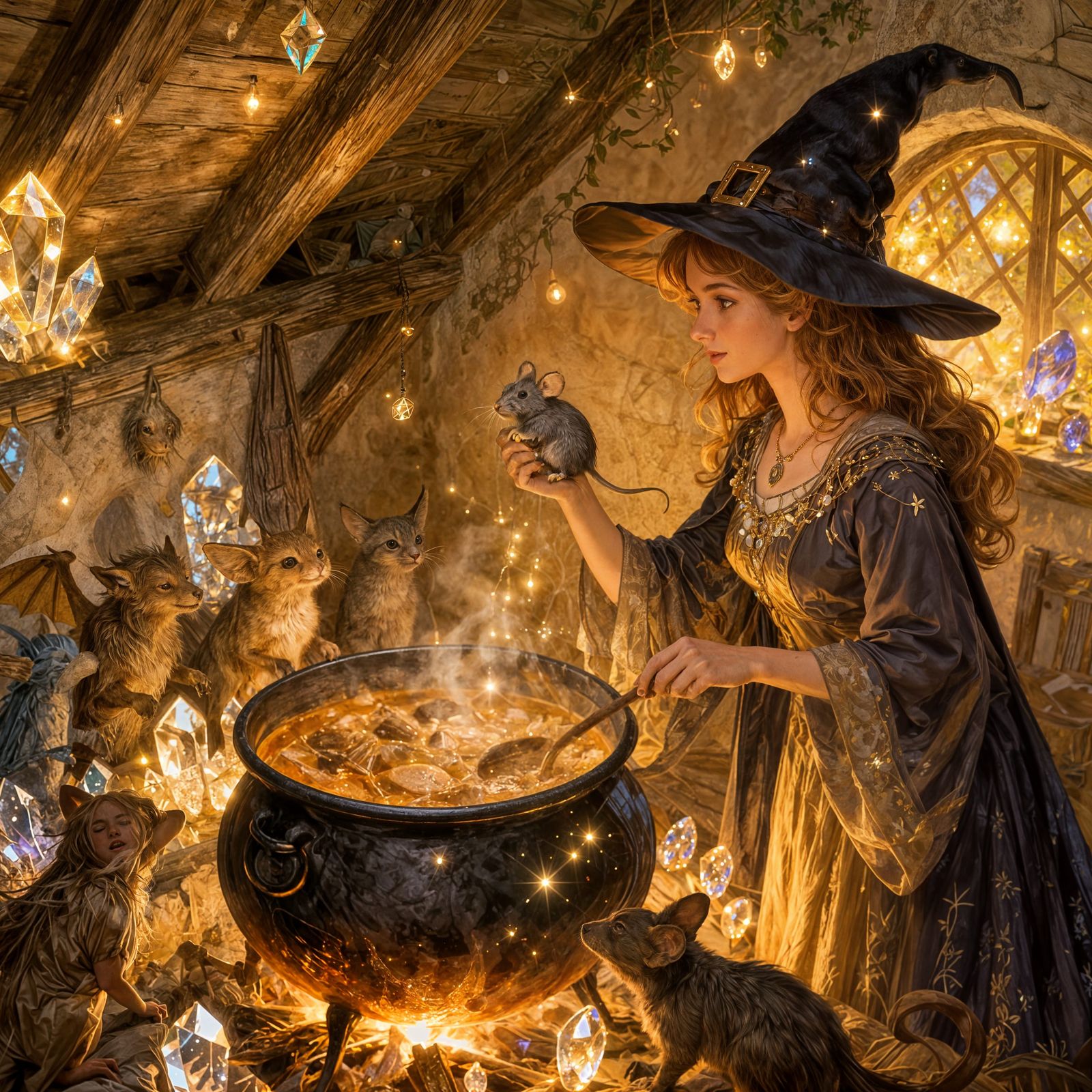 Pretty Witch Cooks Magical Stew in Enchanted Cottage