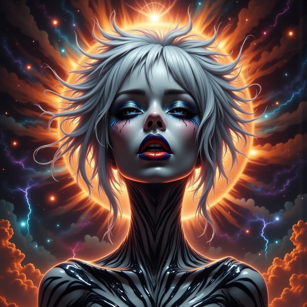 <lora:COSMIC FLUX:1.0> a female with an elongated neck, silver hair that is iridescent with shimmer,  black roses for ey...