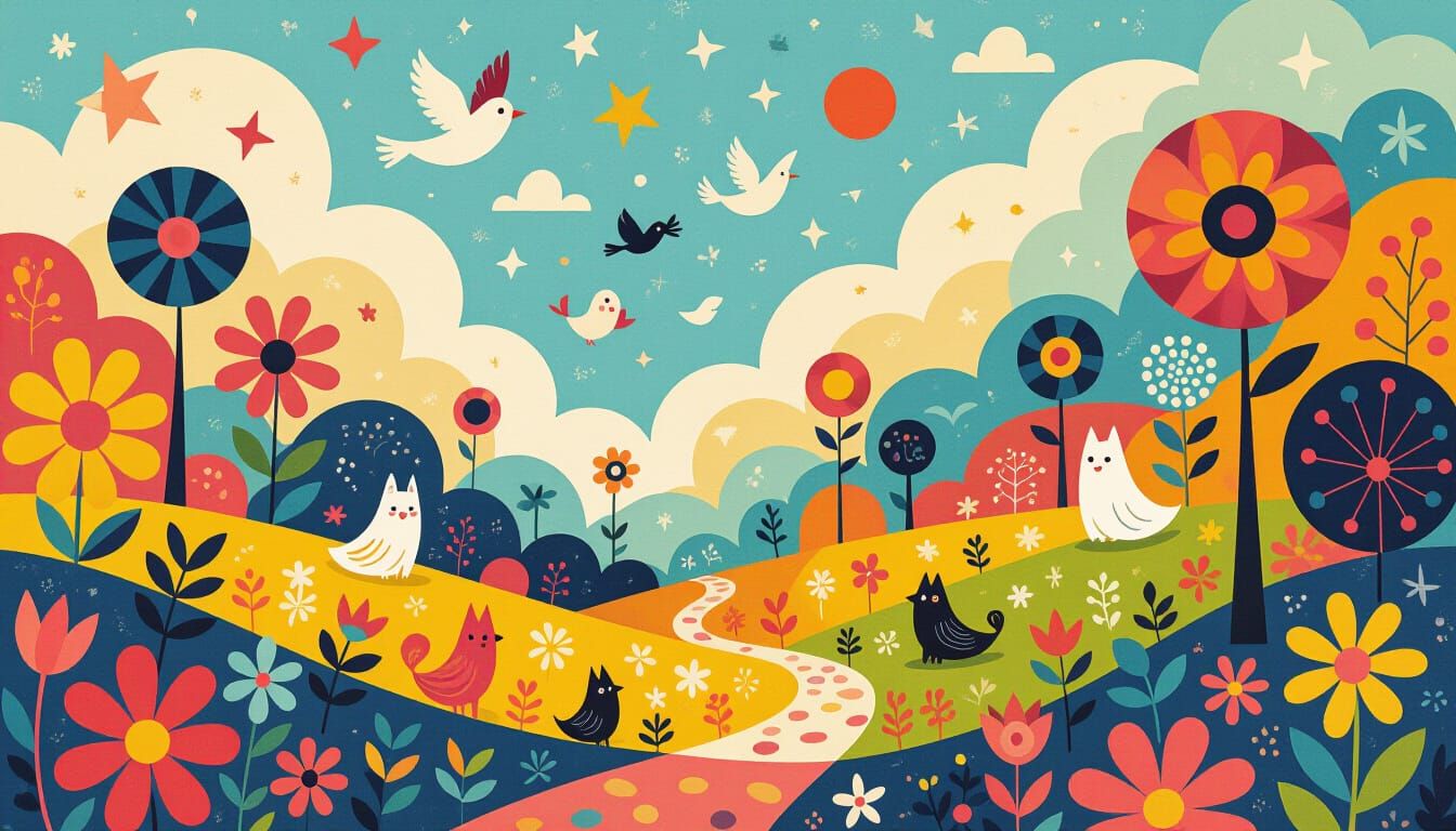 Vibrant Surreal Landscape with Fantastical Creatures in Miró...