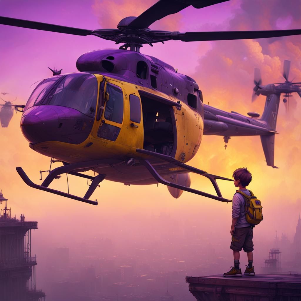 Boy's Perilous Helicopter Ride: Dark Fantasy Art