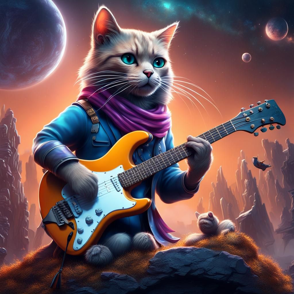 Cat Plays Guitar with Dogs in Space