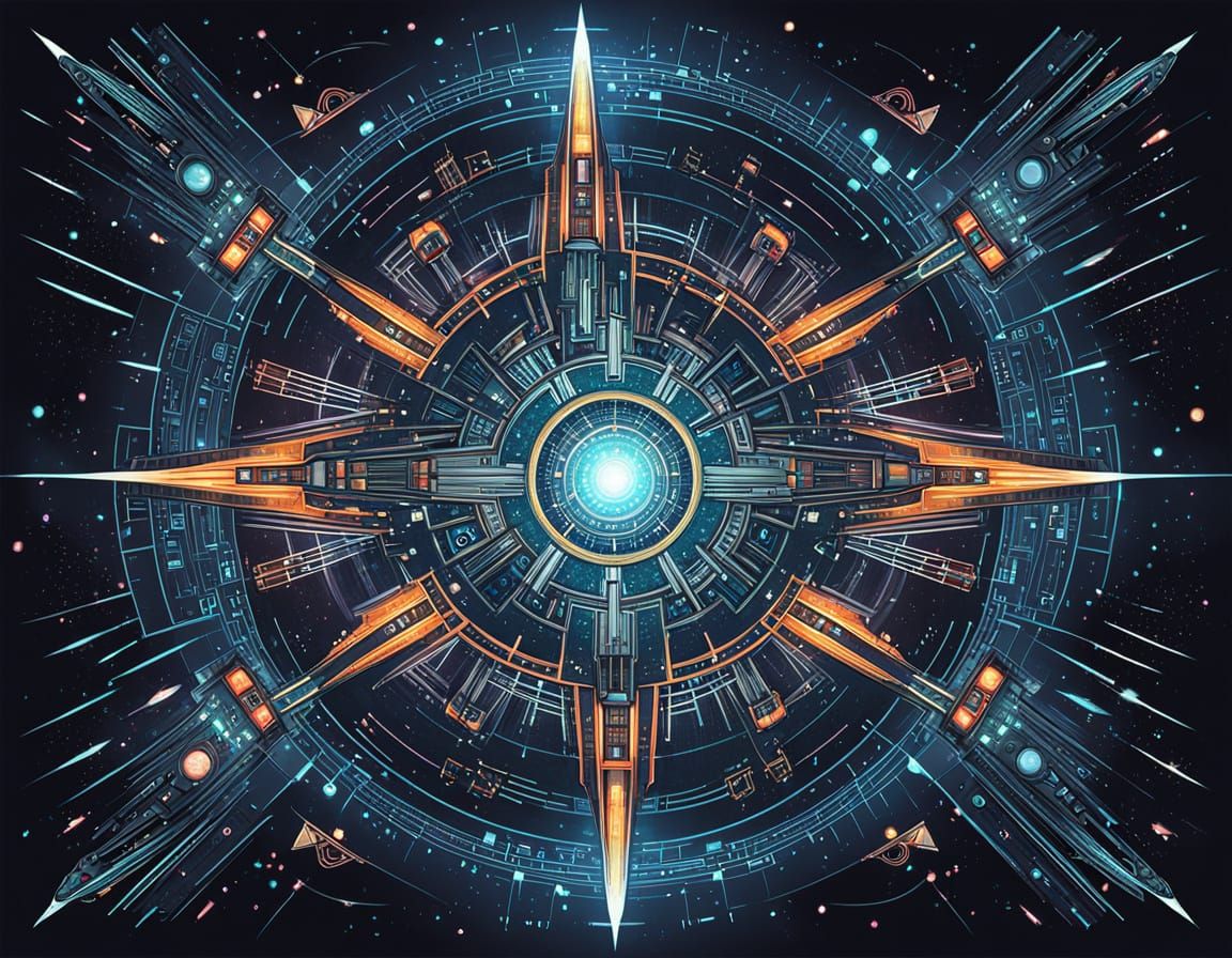 Astral Circuitry Spaceship Amidst Starburst