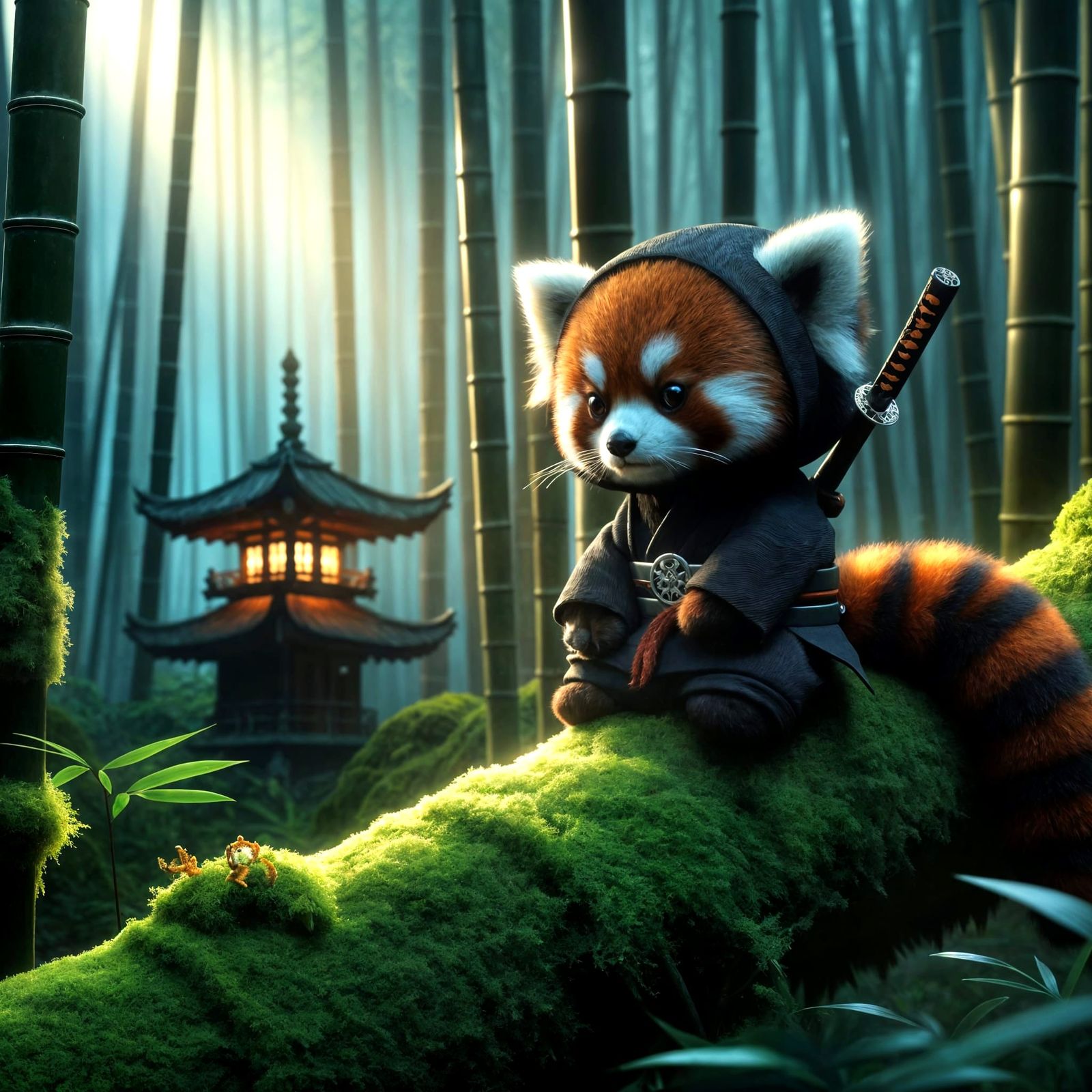 Red Panda Ninja in Moonlight Bamboo Forest