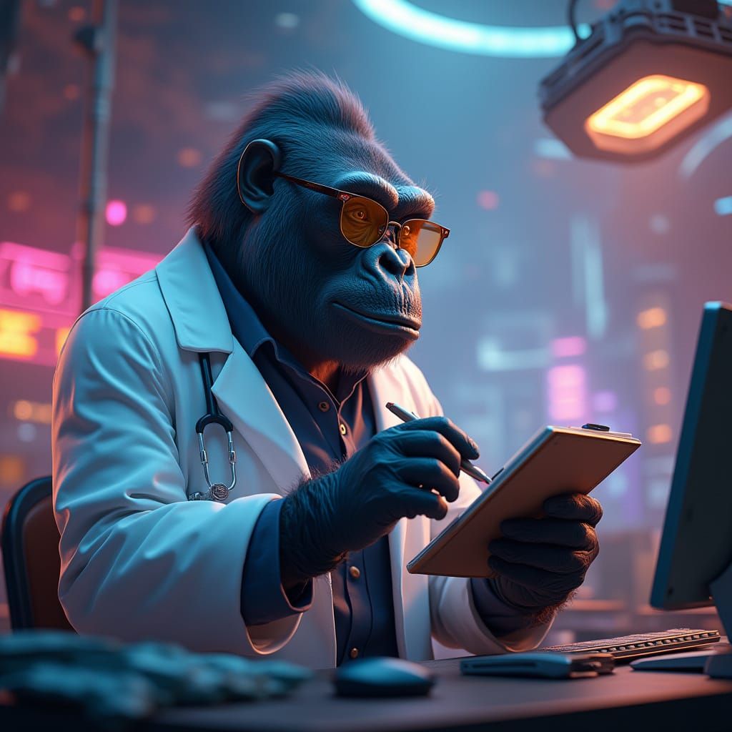 A gorilla wearing a lab coat and wearing a glasses in an advance scifi lab. He is analyzing data on a notepad.