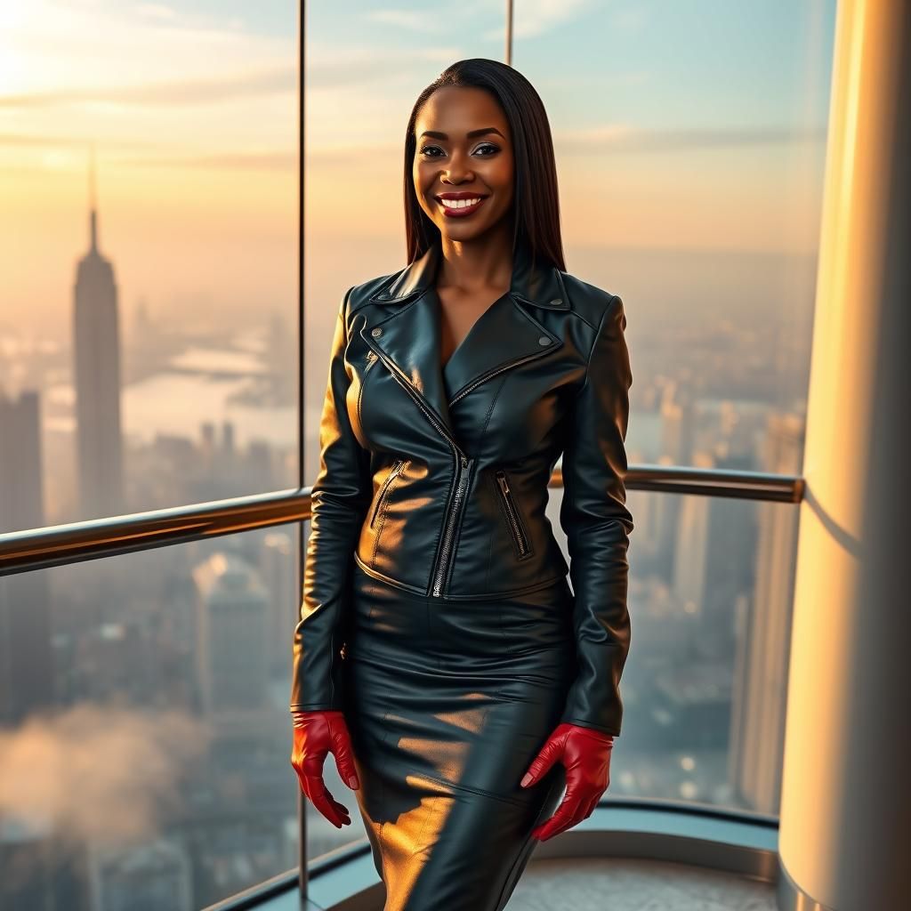 Confident CEO in Leather Jacket with City View