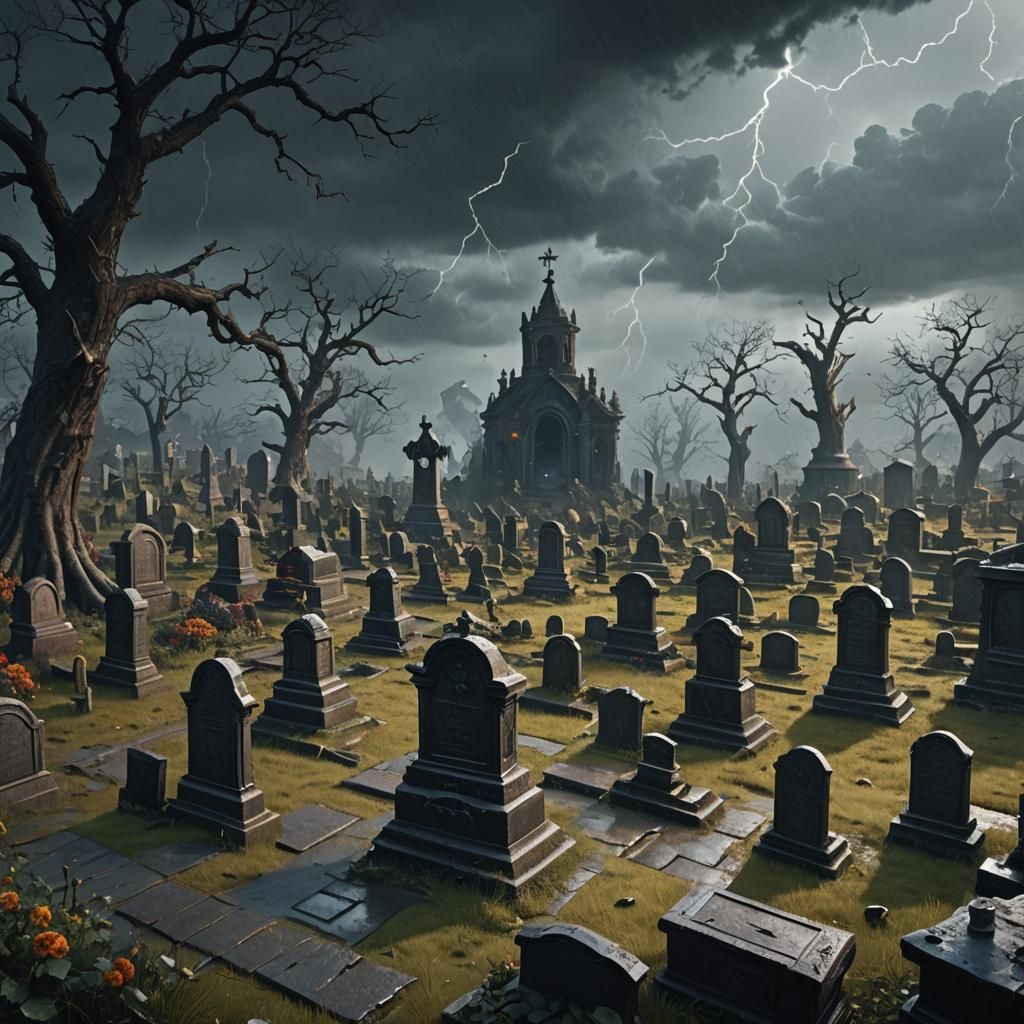 Stormy Graveyard: Detailed Matte Painting in Deep Color