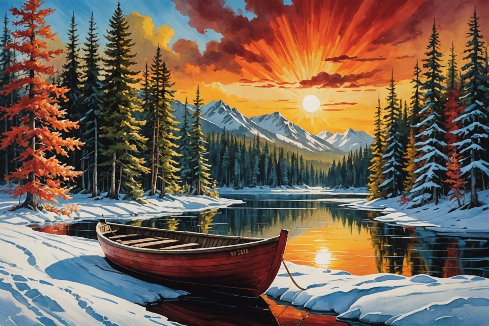 Winter Lake Rowboat in Multi-Colored Sky Painting