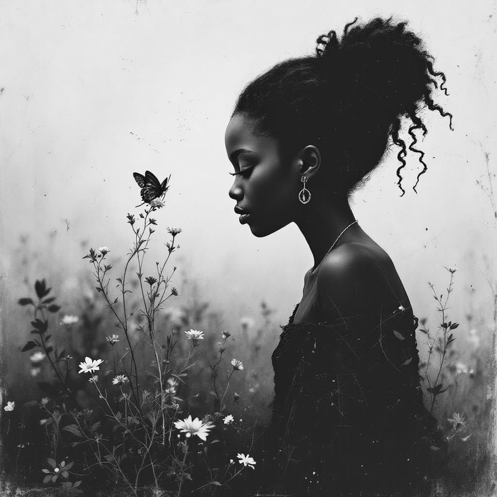 Mystical Jamaican Girl Contemplates a Butterfly in Black and...