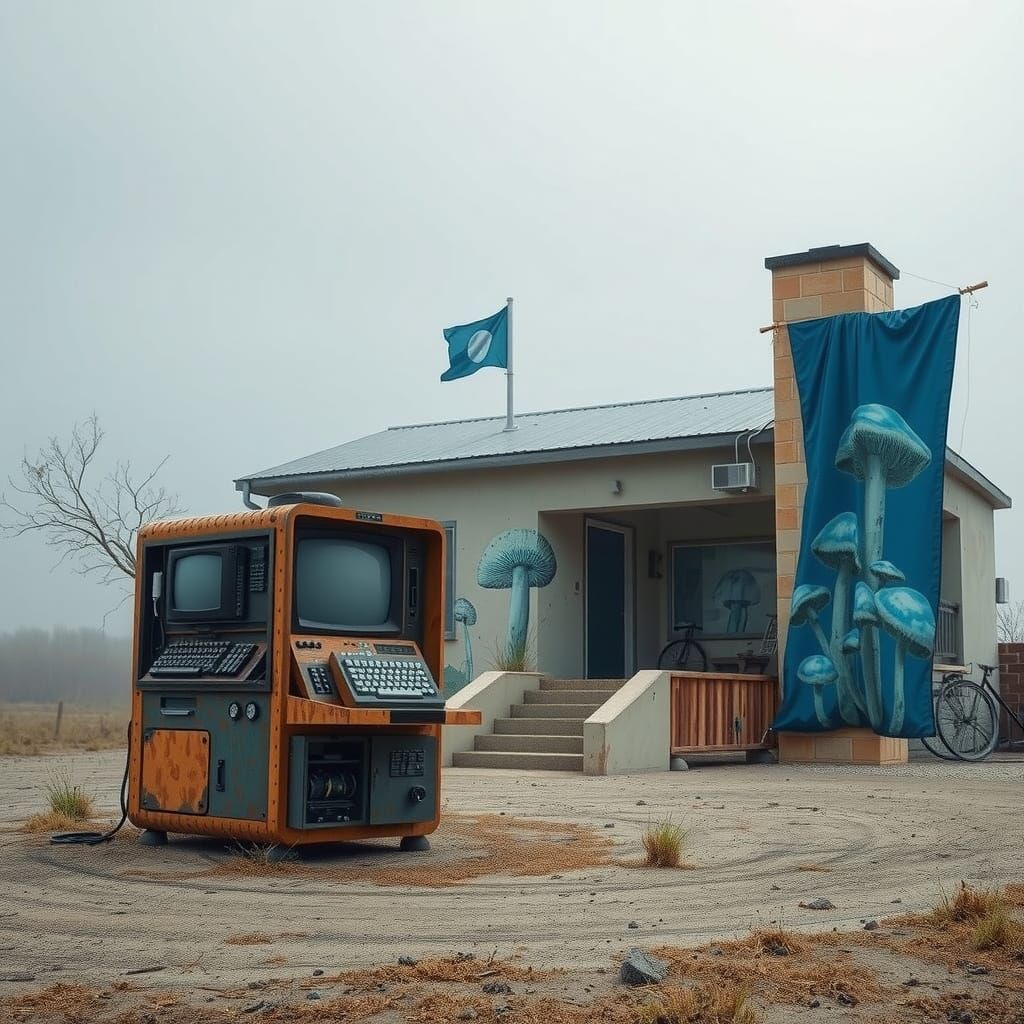 Surreal Mushroom Bungalow with Antique Computer