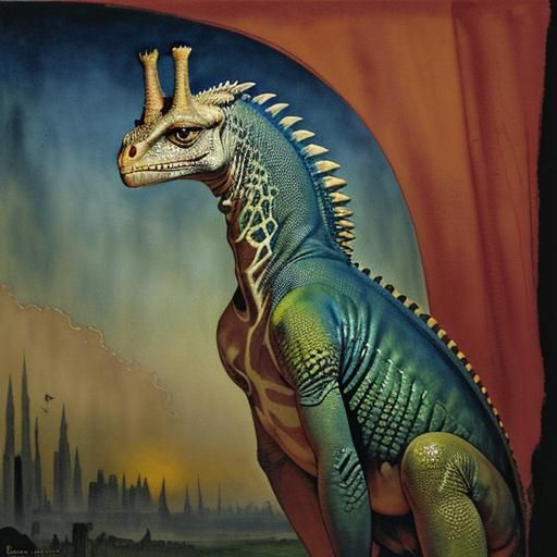 Surreal Iguana Giraffe Watercolor in Dark Fantasy Style