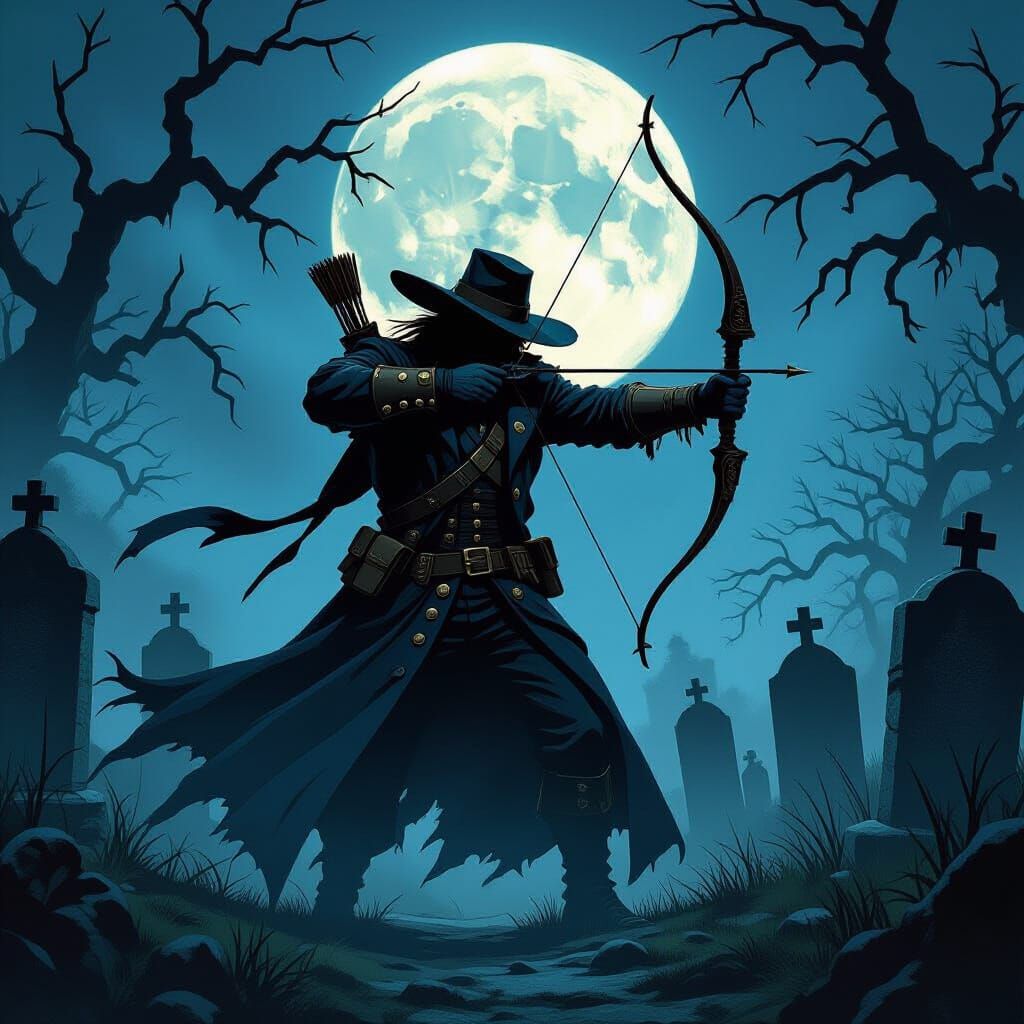 Vampire Hunter Silhouette in Abandoned Cemetery
