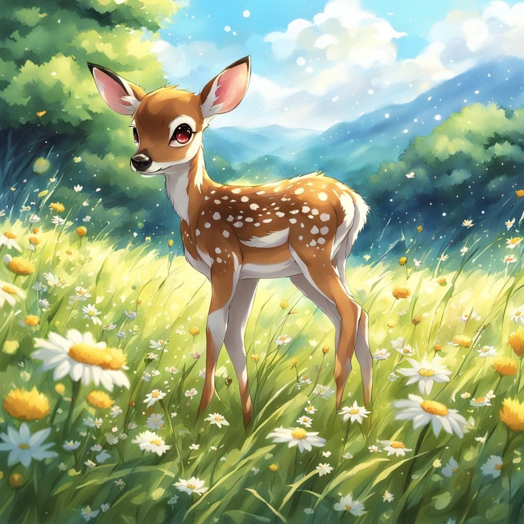 Fawn in Meadow: Anime-Inspired Digital Art