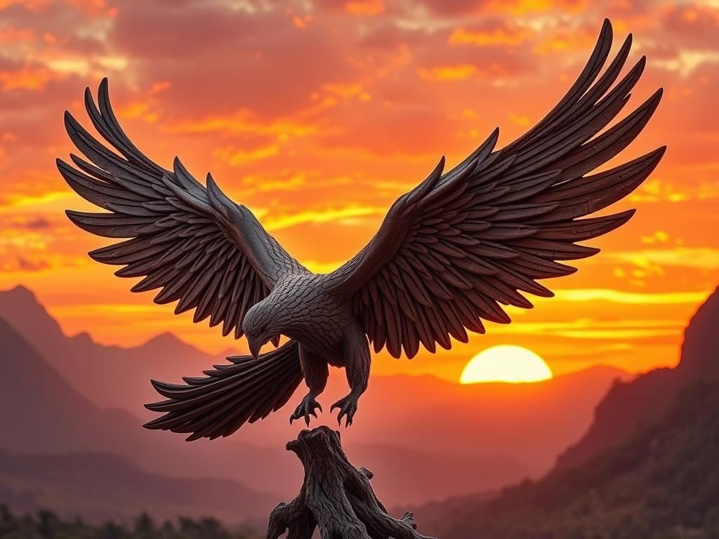 Majestic Phoenix Wood Sculpture at Sunset