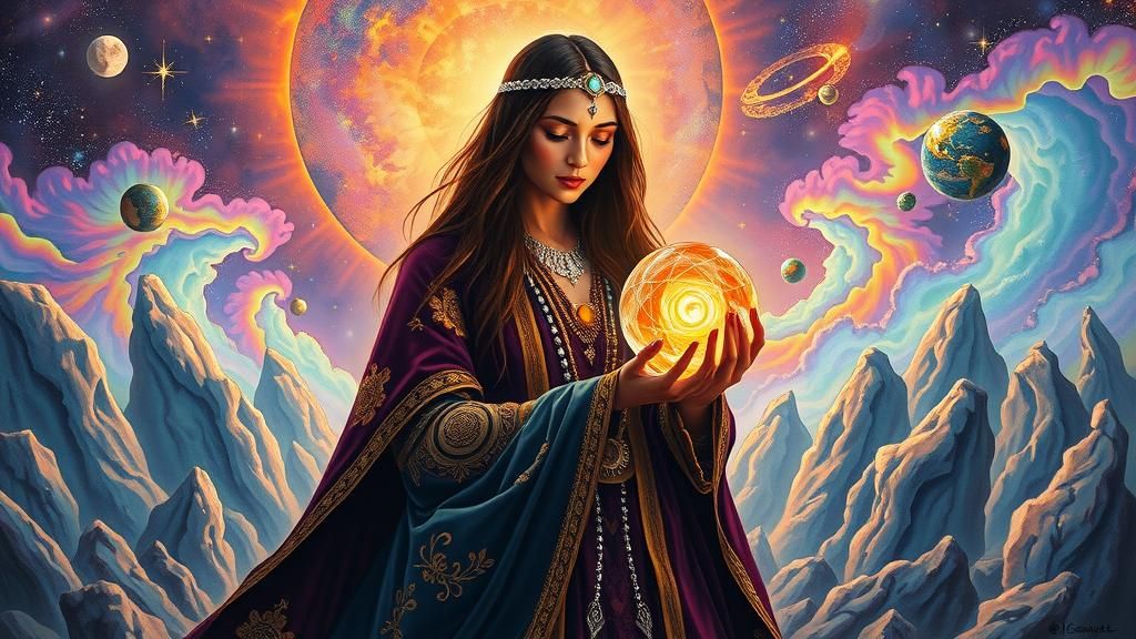 Gypsy Seer with Crystal Orb in Surreal Universe