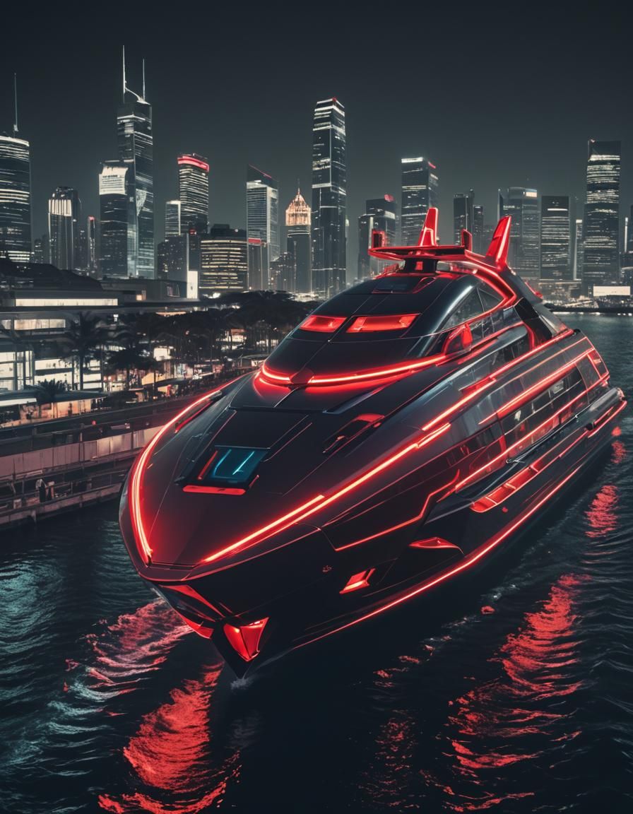 Futuristic Red Bull Cruise Boat at Night