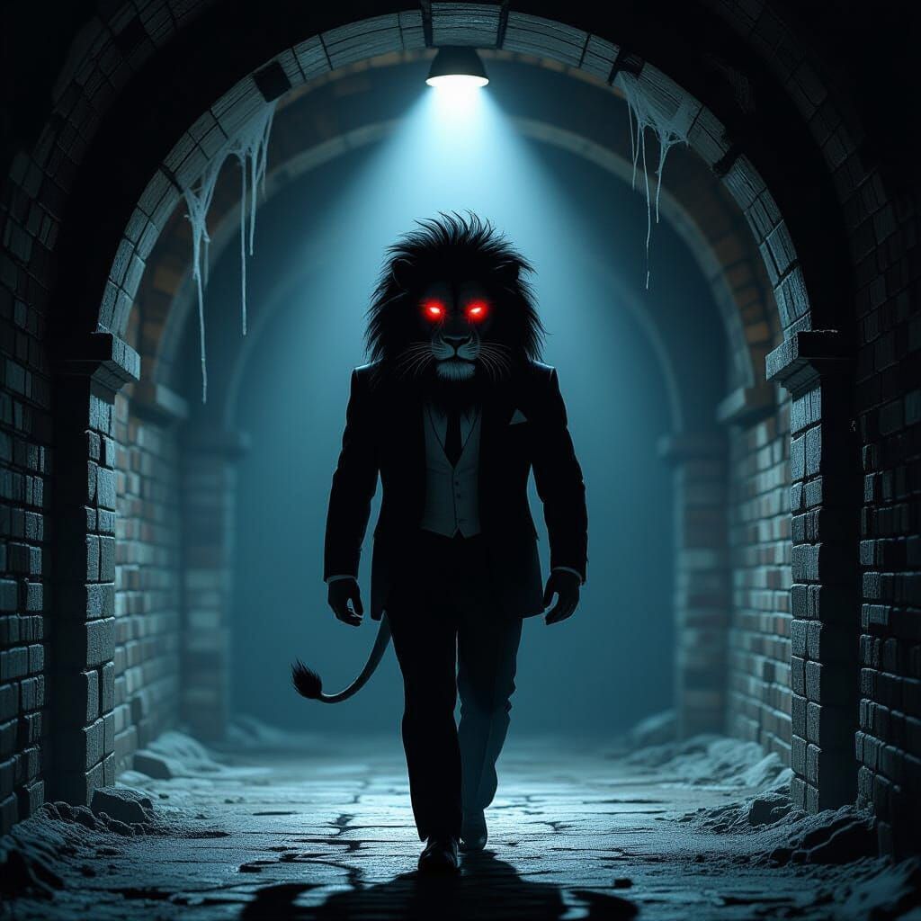 Headless Lion in Suit Walks to Dark Cellar Party