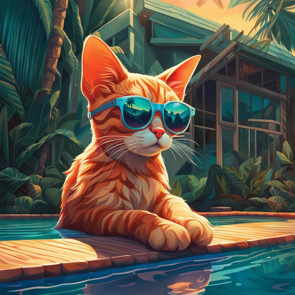 Pop Surrealist Cat at Tropical Pool Sunset