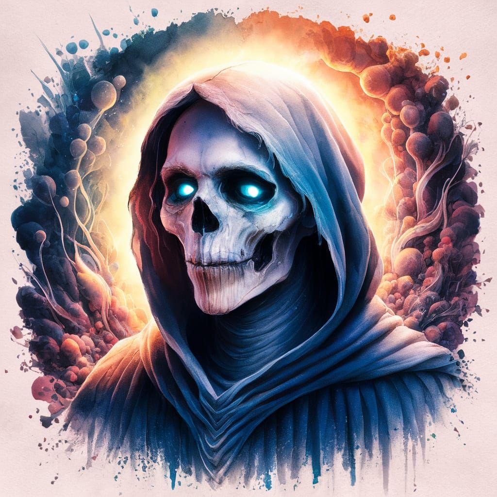 A pastel watercolour portrait painting of the hooded grim re...