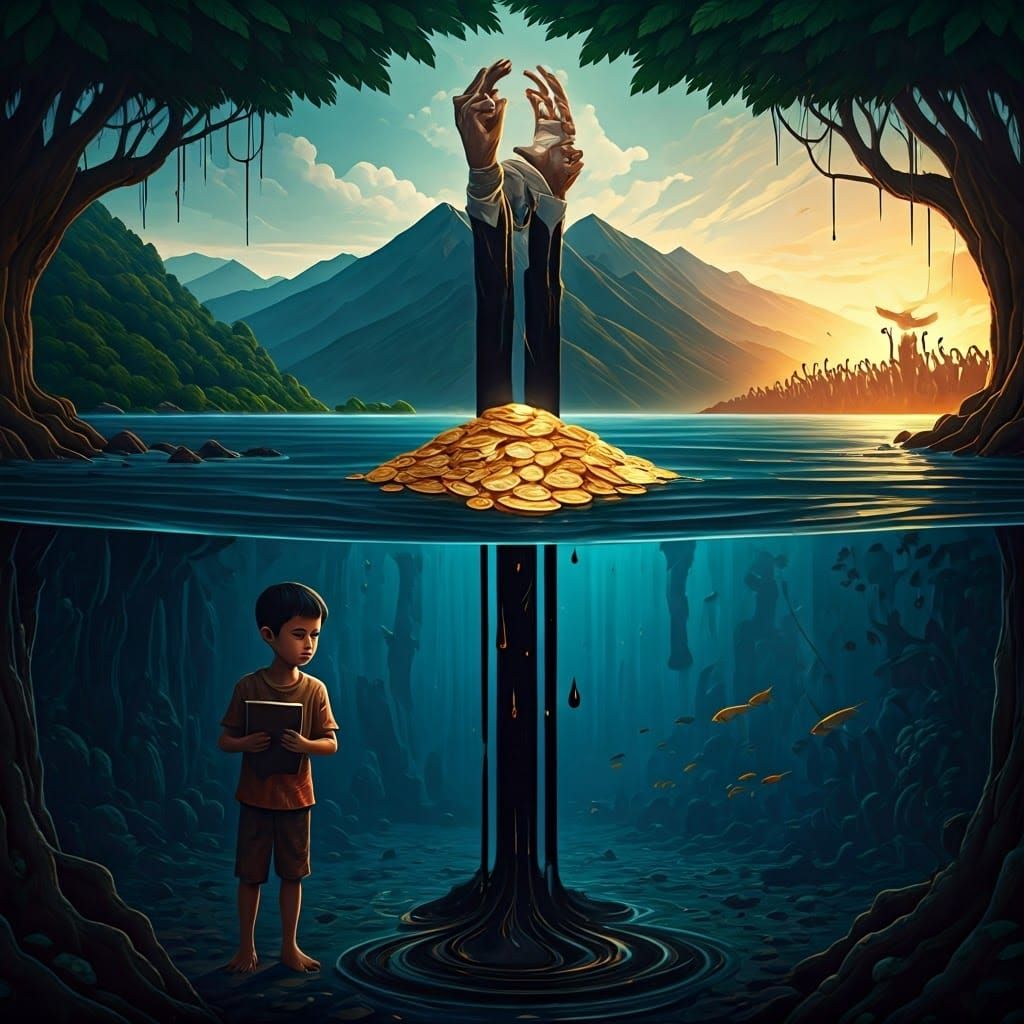 a digital painting in a realistic style with symbolic touches. Depict a rich Indonesian landscape: lush green tropical f...